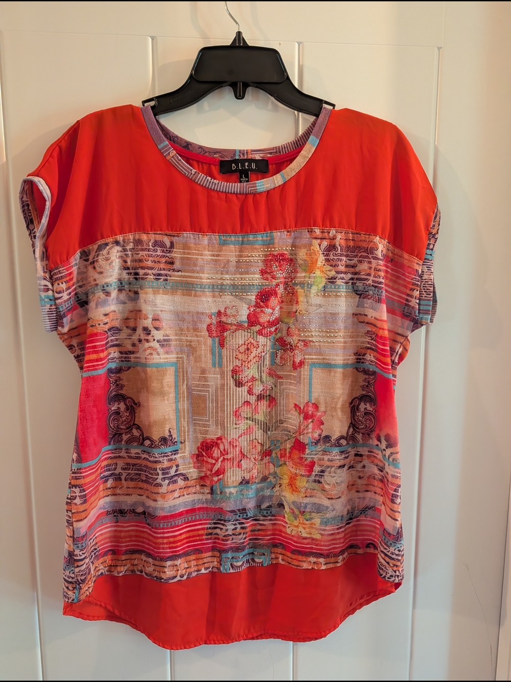 B.L.E.U. Red Multi-Print Floral Short Sleeve Blouse